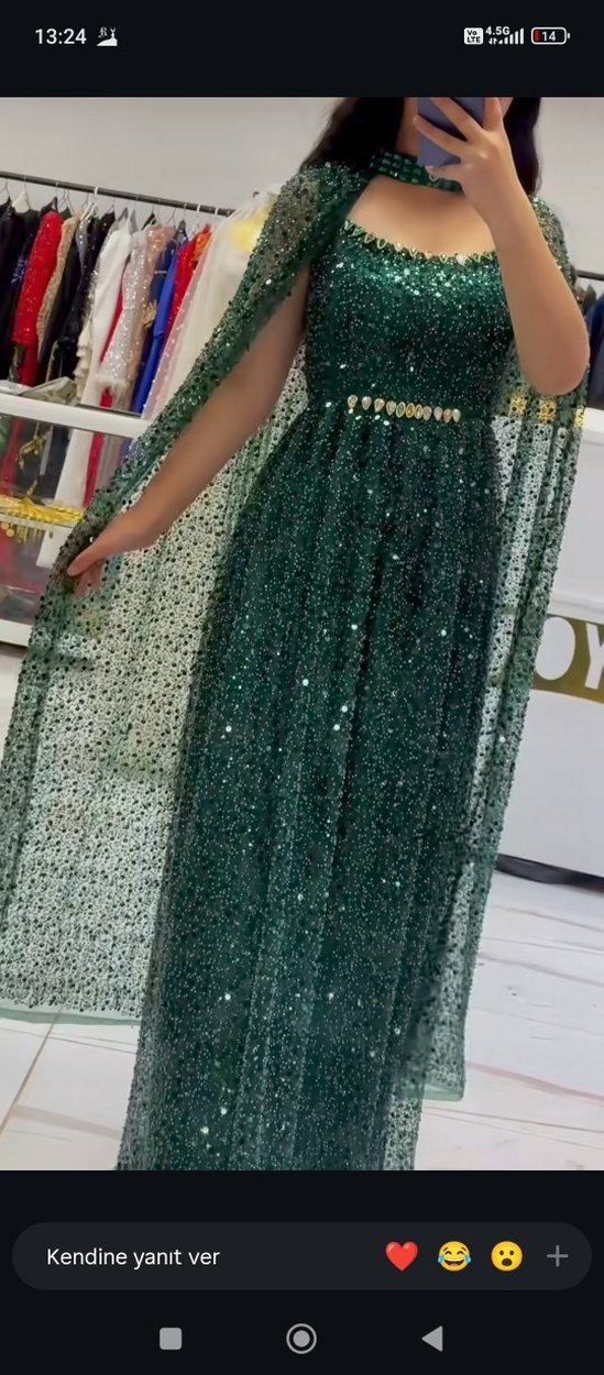 Yeşil İşlemeli Boncuk Detaylı Uzun Abiye Elbise - Görsel 3