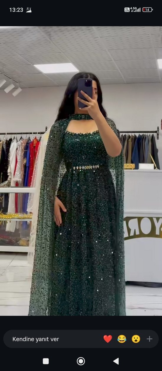 Yeşil İşlemeli Boncuk Detaylı Uzun Abiye Elbise - Görsel 2