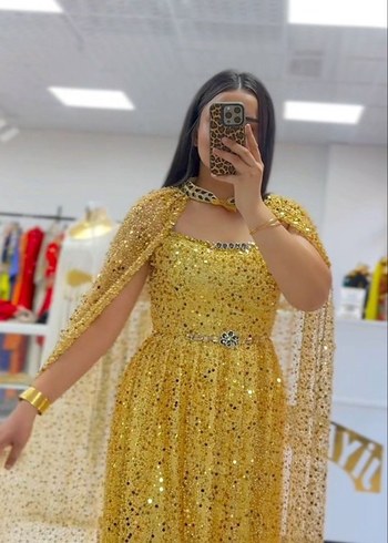 Şeffaf Gold Uzun Abiye Elbise - Görsel 3