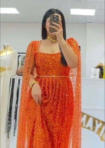 Parlak Turuncu V Yaka Uzun Henna Elbise - Görsel 5