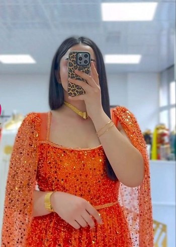 Parlak Turuncu V Yaka Uzun Henna Elbise - Görsel 3