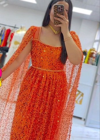 Parlak Turuncu V Yaka Uzun Henna Elbise - Görsel 4
