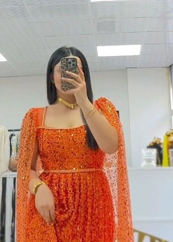 Parlak Turuncu V Yaka Uzun Henna Elbise - Görsel 6