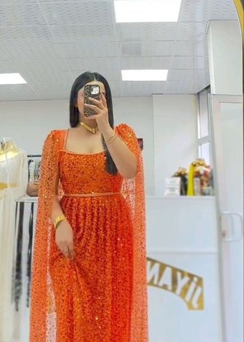 Parlak Turuncu V Yaka Uzun Henna Elbise - Görsel 2