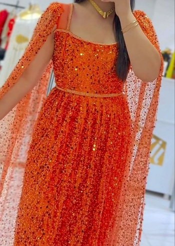 Parlak Turuncu V Yaka Uzun Henna Elbise - Görsel 7