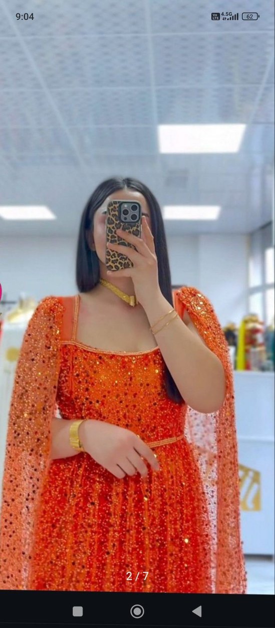 Parlak Turuncu V Yaka Uzun Henna Elbise - Görsel 3