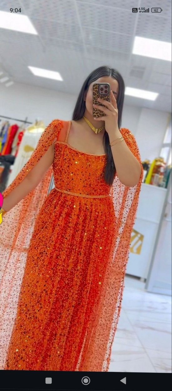 Parlak Turuncu V Yaka Uzun Henna Elbise - Görsel 4