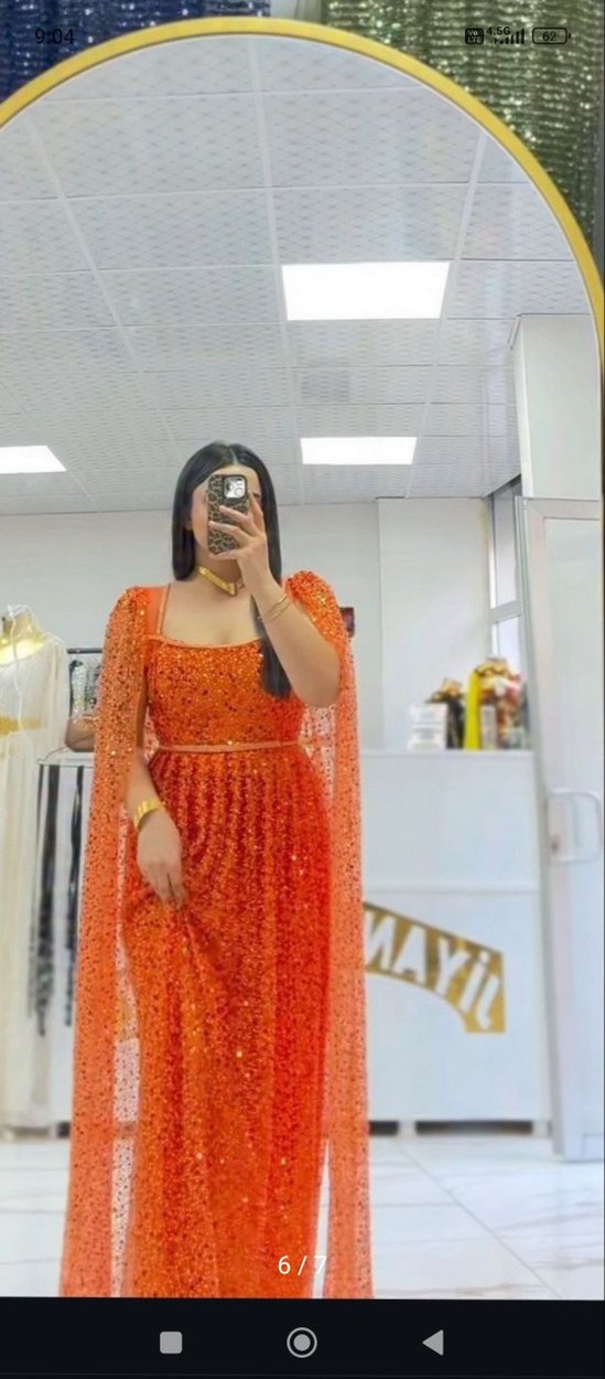 Parlak Turuncu V Yaka Uzun Henna Elbise - Görsel 2