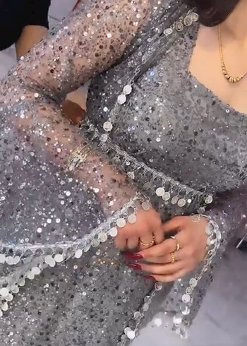 Payetli Gri Uzun Kollu Abiye Elbise - Görsel 3