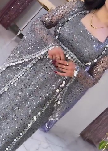 Payetli Gri Uzun Kollu Abiye Elbise - Görsel 2