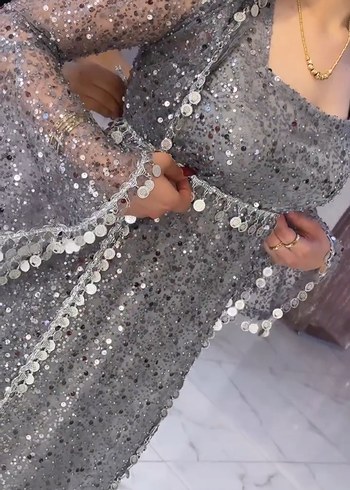 Payetli Gri Uzun Kollu Abiye Elbise - Görsel 4