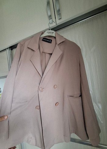 Bej Düğmeli Kadın Keten Blazer Ceket - Görsel 3