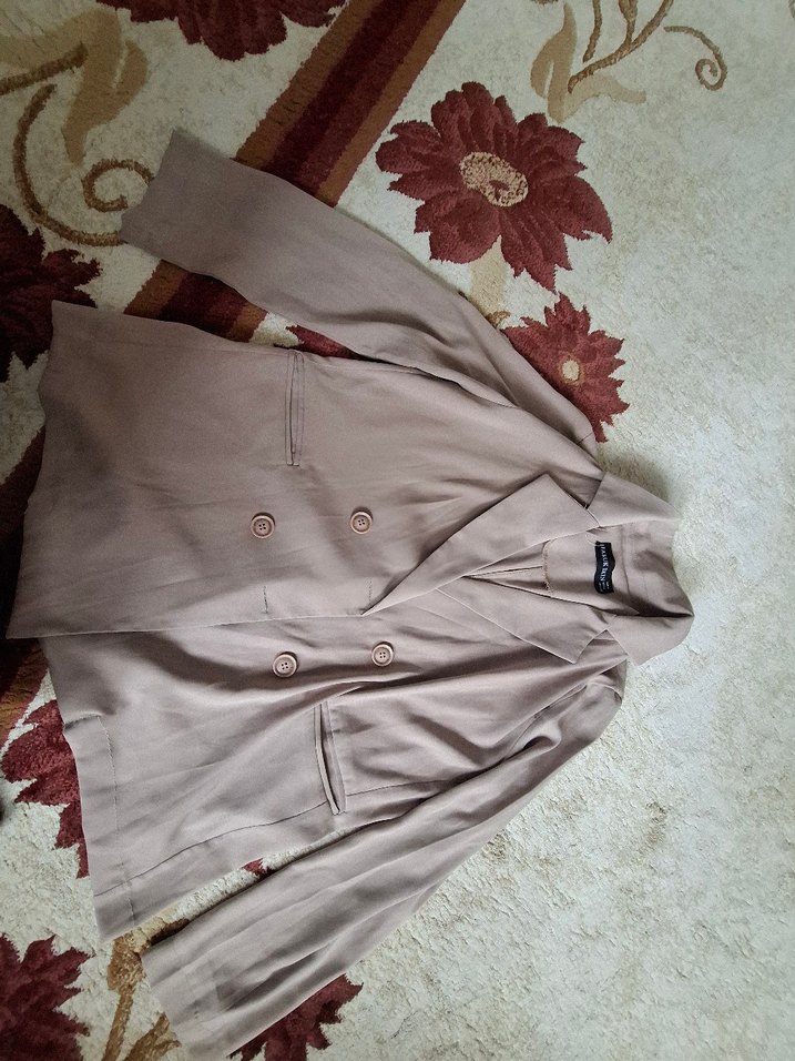 Bej Düğmeli Kadın Keten Blazer Ceket - Görsel 4