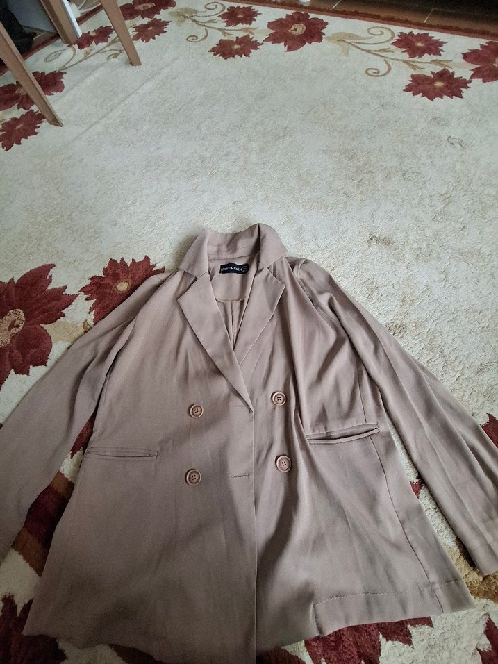 Bej Düğmeli Kadın Keten Blazer Ceket - Görsel 5