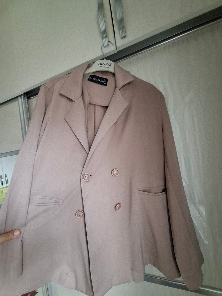 Bej Düğmeli Kadın Keten Blazer Ceket - Görsel 3