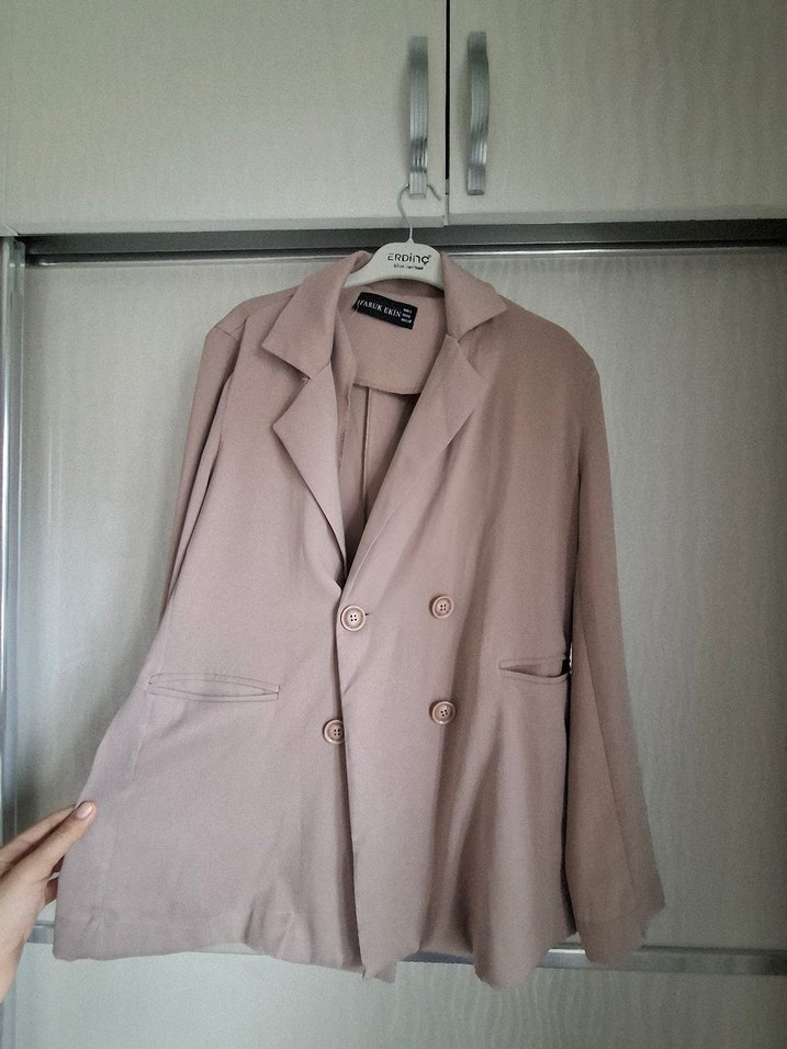 Bej Düğmeli Kadın Keten Blazer Ceket - Görsel 2