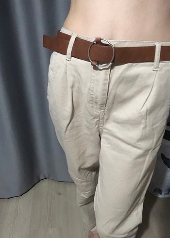 Koton Bej Kemerli Kadın Keten Pantolon