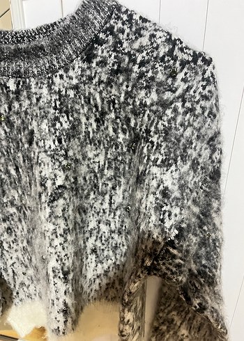 Gri Bağlama Desenli Örgü Kadın Kazak - Görsel 3