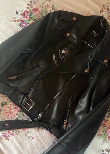 Kadın Siyah Deri Biker Ceket - Görsel 3