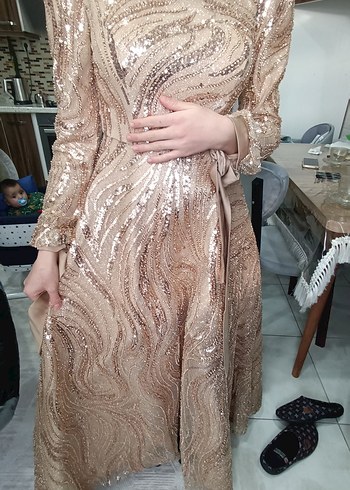 Parlak Bej Uzun Kollu Drapeli Abiye Elbise - Görsel 5