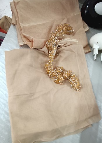 Parlak Bej Uzun Kollu Drapeli Abiye Elbise - Görsel 15