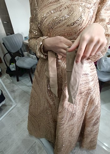 Parlak Bej Uzun Kollu Drapeli Abiye Elbise - Görsel 19