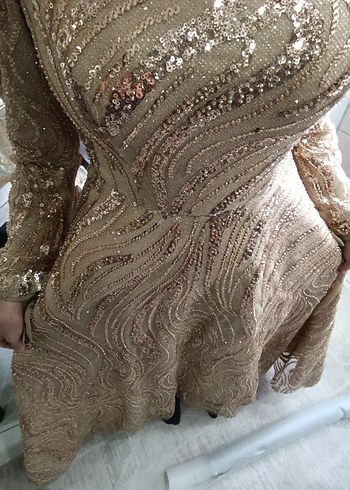 Parlak Bej Uzun Kollu Drapeli Abiye Elbise - Görsel 8