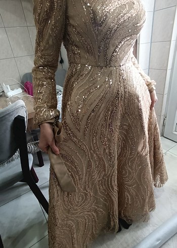 Parlak Bej Uzun Kollu Drapeli Abiye Elbise - Görsel 18