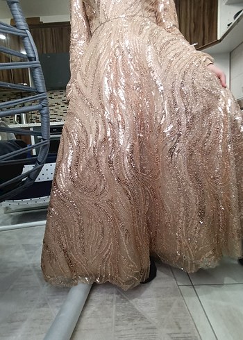 Parlak Bej Uzun Kollu Drapeli Abiye Elbise - Görsel 10