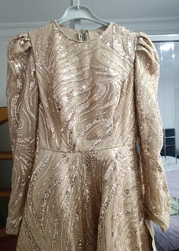 Parlak Bej Uzun Kollu Drapeli Abiye Elbise - Görsel 12