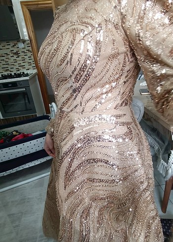 Parlak Bej Uzun Kollu Drapeli Abiye Elbise - Görsel 20