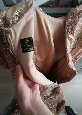 Parlak Bej Uzun Kollu Drapeli Abiye Elbise - Görsel 11