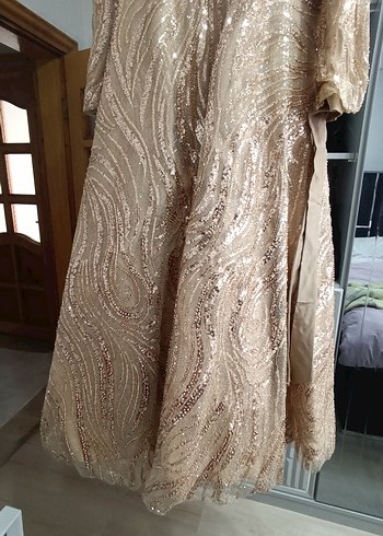 Parlak Bej Uzun Kollu Drapeli Abiye Elbise - Görsel 13