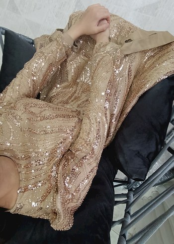 Parlak Bej Uzun Kollu Drapeli Abiye Elbise - Görsel 3