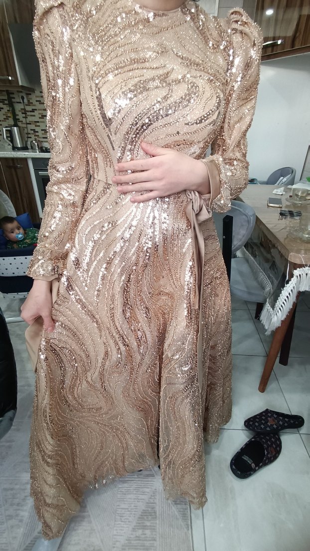 Parlak Bej Uzun Kollu Drapeli Abiye Elbise - Görsel 5