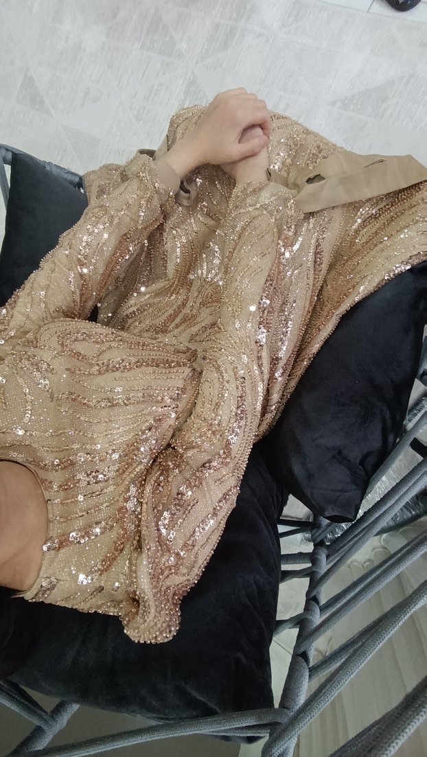 Parlak Bej Uzun Kollu Drapeli Abiye Elbise - Görsel 3