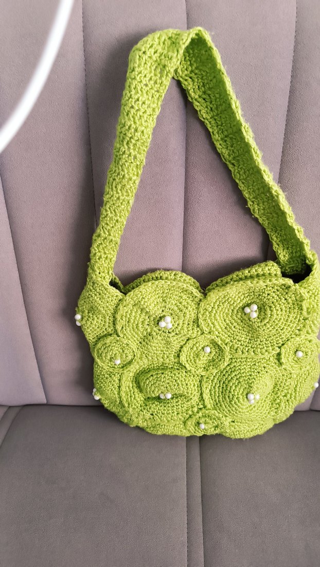 Yeşil Örgü Kadın Çanta İnci Detaylı bohem tatail için uygun - Görsel 2