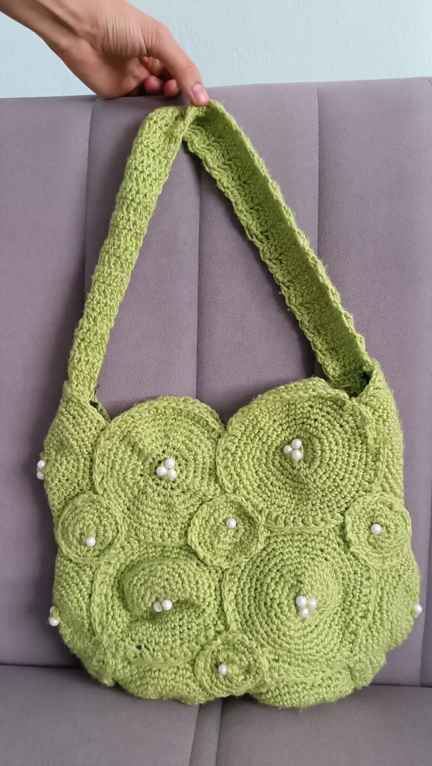 Yeşil Örgü Kadın Çanta İnci Detaylı bohem tatail için uygun - Görsel 4