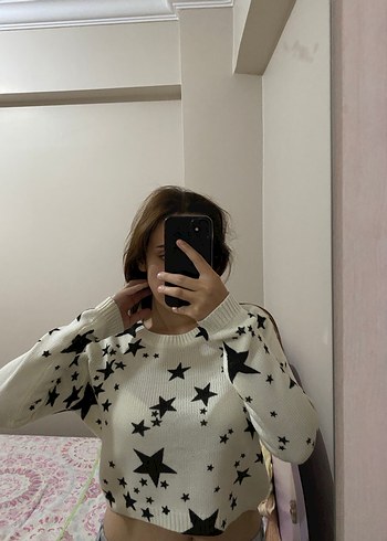 s Beden beyaz Renk H&M Uzun Kollu Beyaz Yıldız Desenli Örgü Kadın Kazak