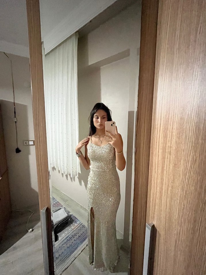 Parlak Gri Uzun İp Askılı Abiye Elbise - Görsel 2