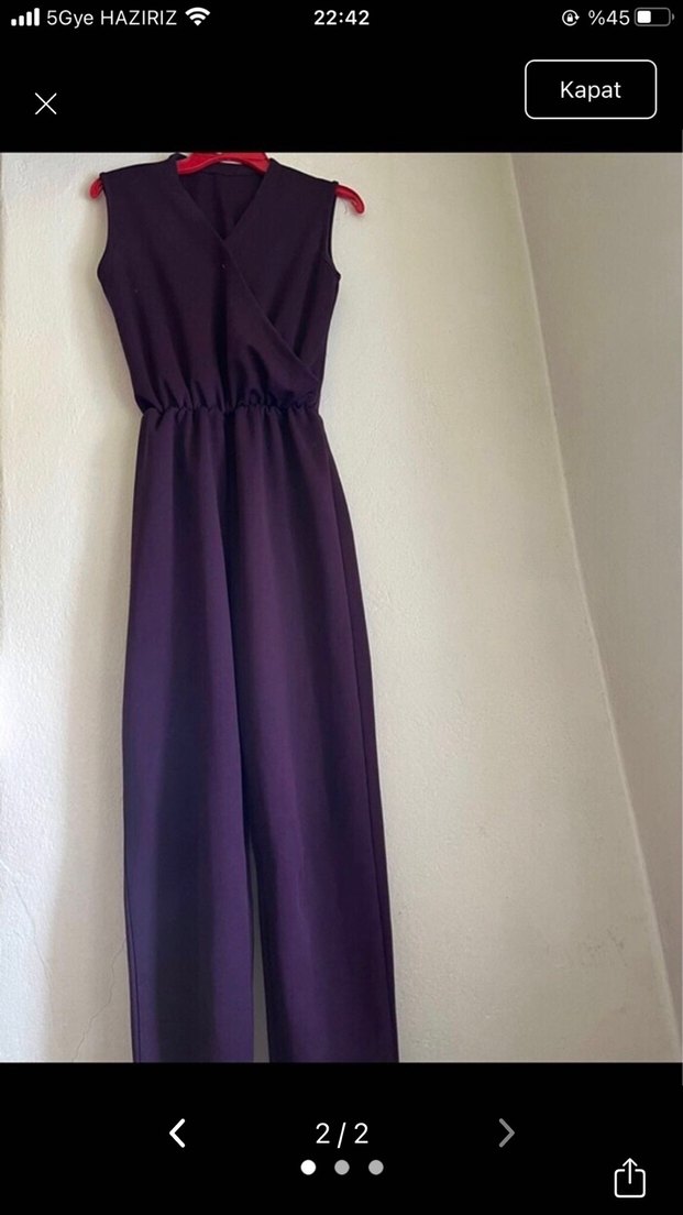 Mor V Yakalı Kadın Midi Tulum - Görsel 2