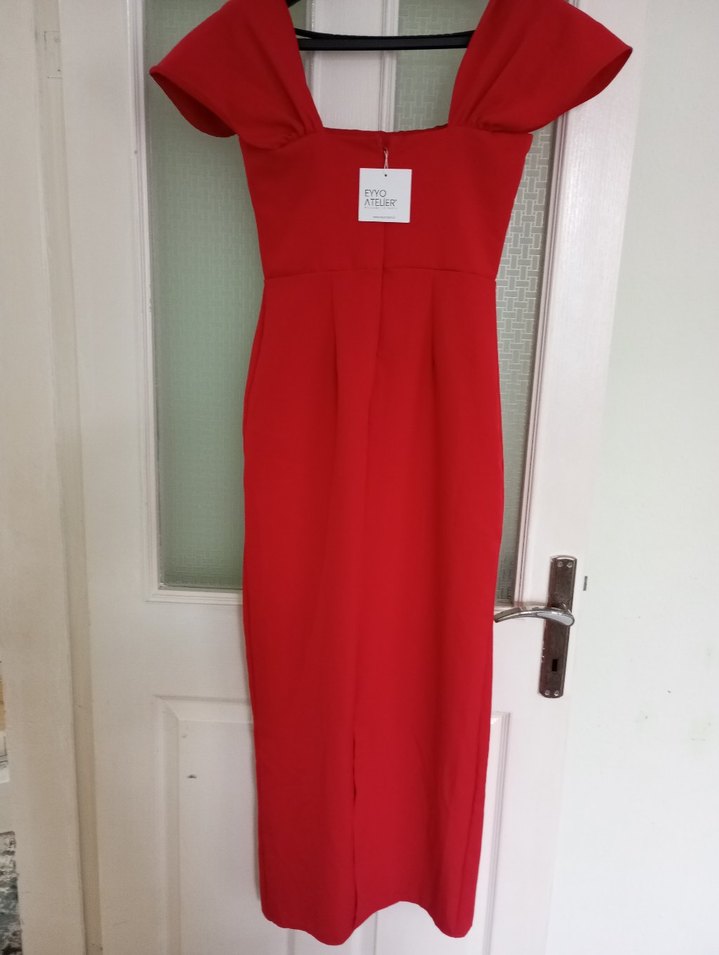 Kırmızı Drapeli Uzun Abiye Elbise - Görsel 4