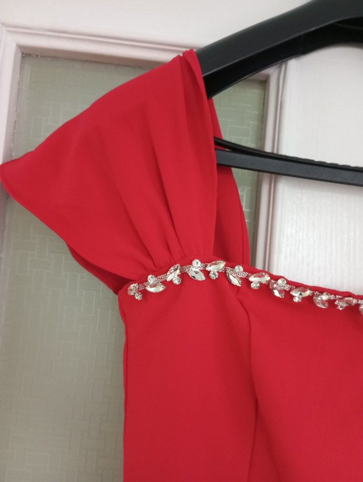 Kırmızı Drapeli Uzun Abiye Elbise - Görsel 3