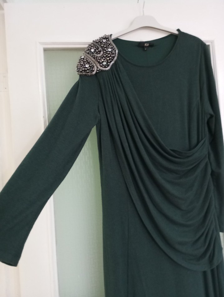 Drapeli Uzun Yeşil Kadın Abiye Elbise - Görsel 4