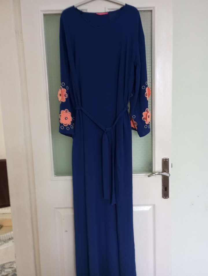 Nakışlı Mavi Uzun Bohem Elbise - Görsel 3