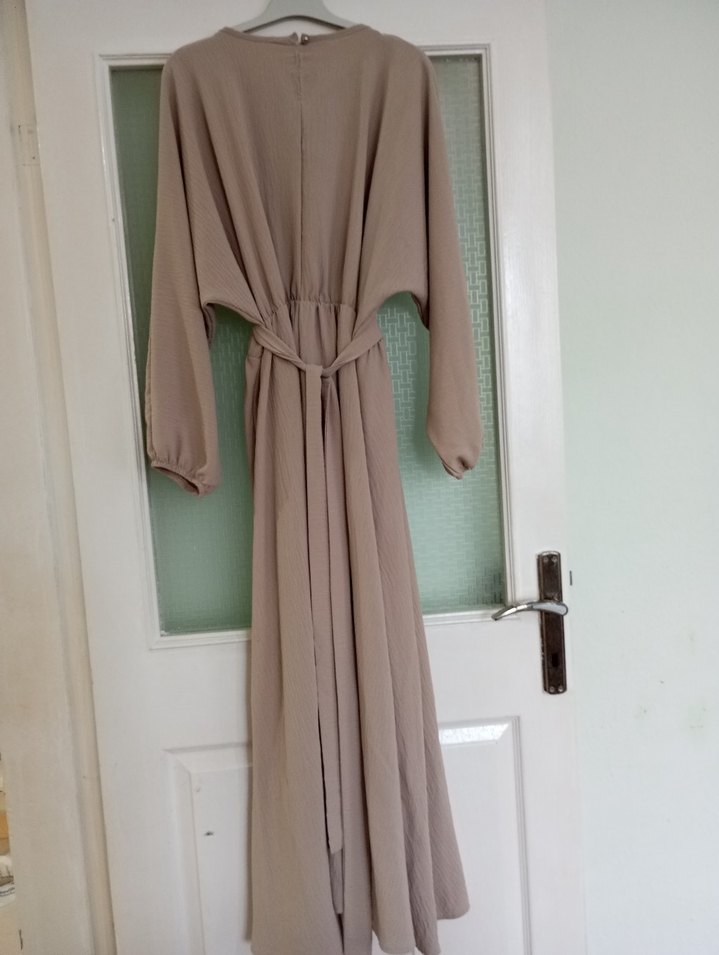 Bej Salaş Keten Uzun Kadın Elbise - Görsel 3