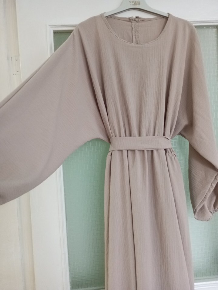 Bej Salaş Keten Uzun Kadın Elbise - Görsel 2