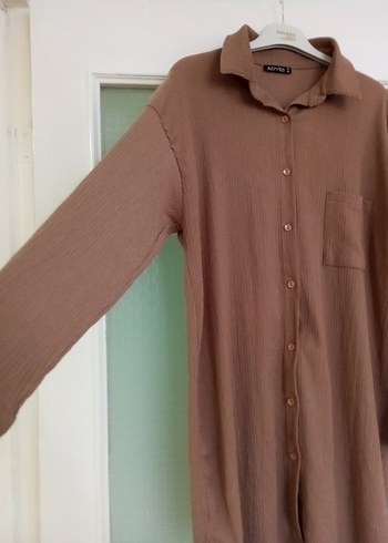 Bej Uzun Kollu Keten Kadın Gömlek - Görsel 3