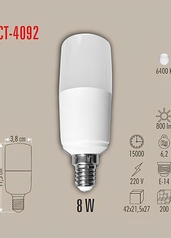 CATA 8 Watt İnce Duylu Beyaz Buji Led Ampul (CT-4092)