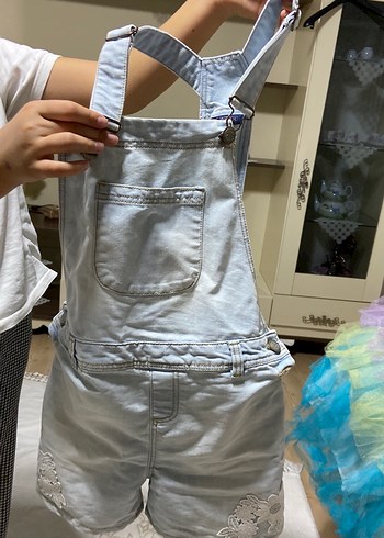 11-12 Yaş Beden mavi Renk Kızlar için Mavi Pastel Denim Askılı Tulum